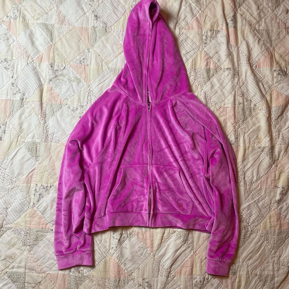 victoria’s secret magenta purple velvet cropped zip up hoodie size xl